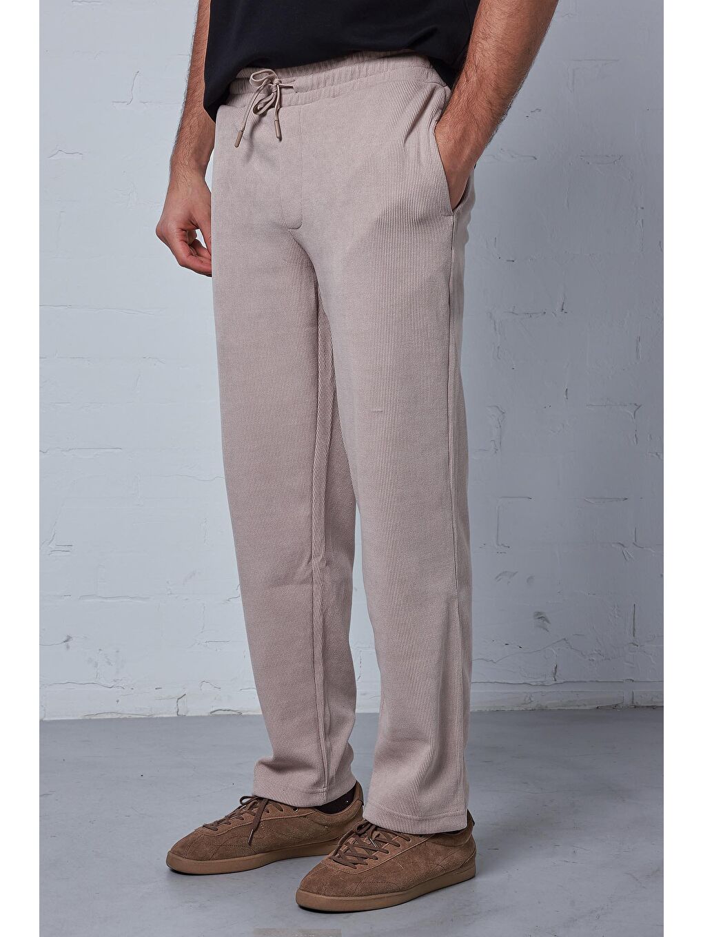 Erkek Regular Fit Fitilli Beli Lastikli Pantolon Bej-1