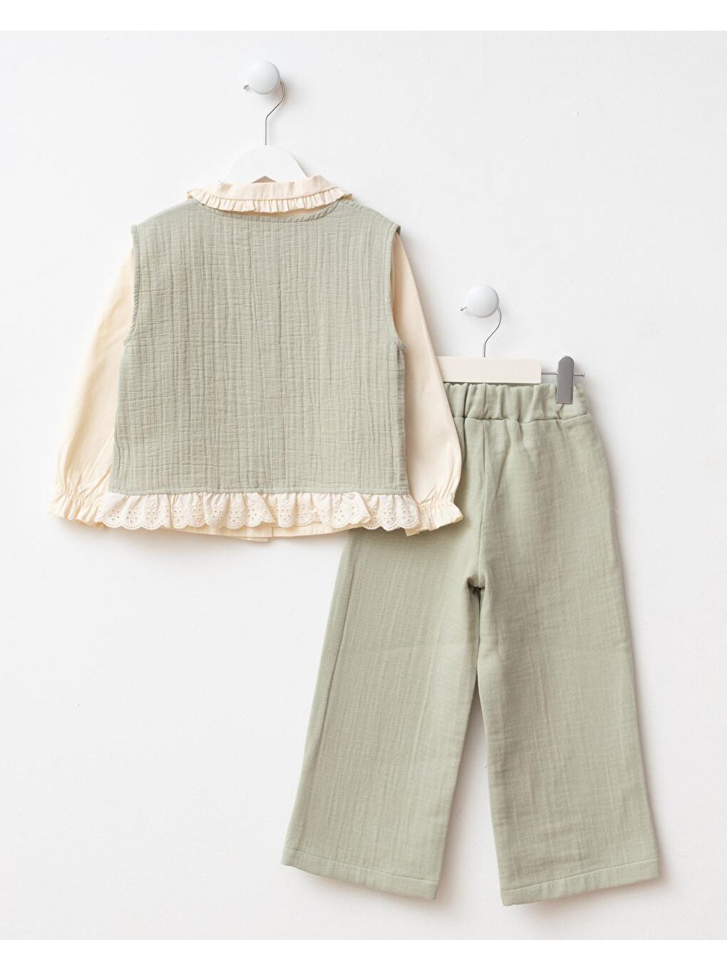 Yeşil Kız Çocuk Pamuklu Mint Yelekli Gömlek Ve Pantolon 3'Lü Takım - Dantel Detaylı Şıklık-5