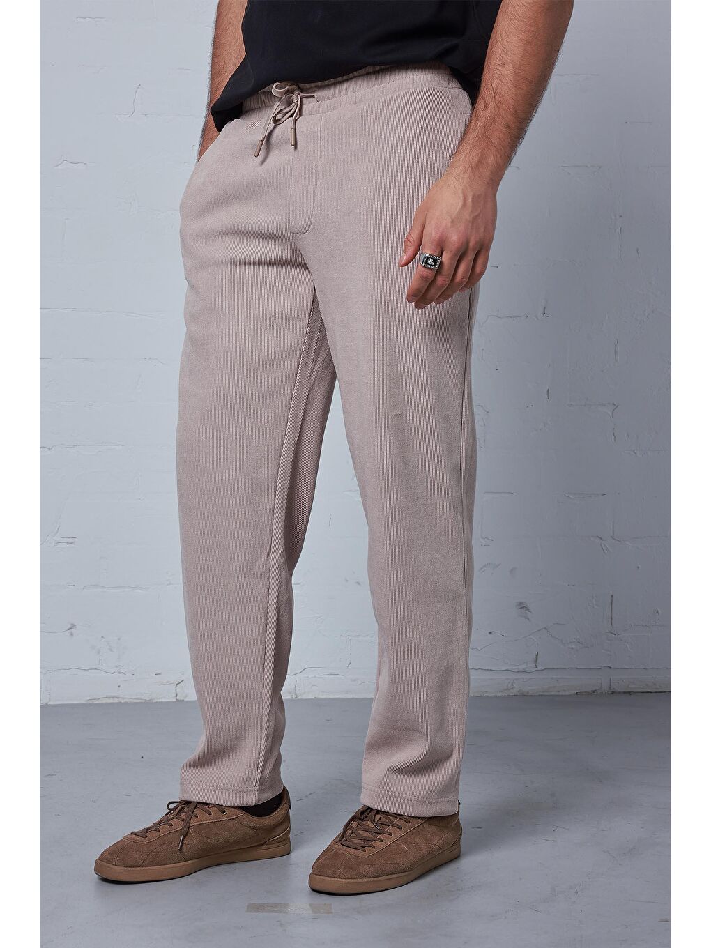 Erkek Regular Fit Fitilli Beli Lastikli Pantolon Bej-2