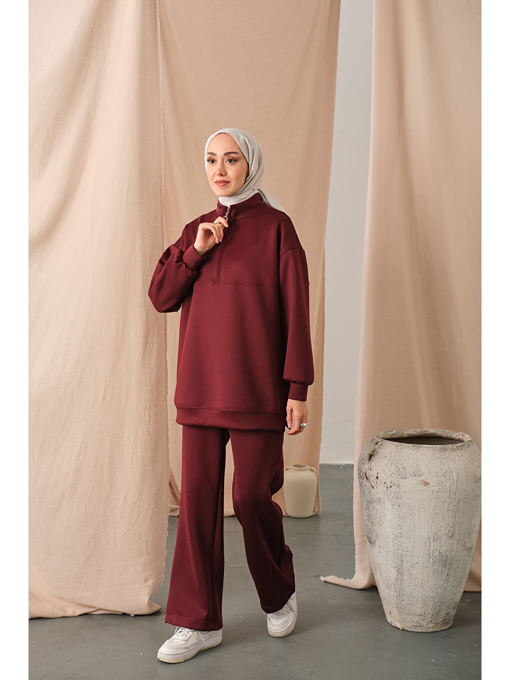 Kadın Yarım Fermuarlı Takım Bordo-2