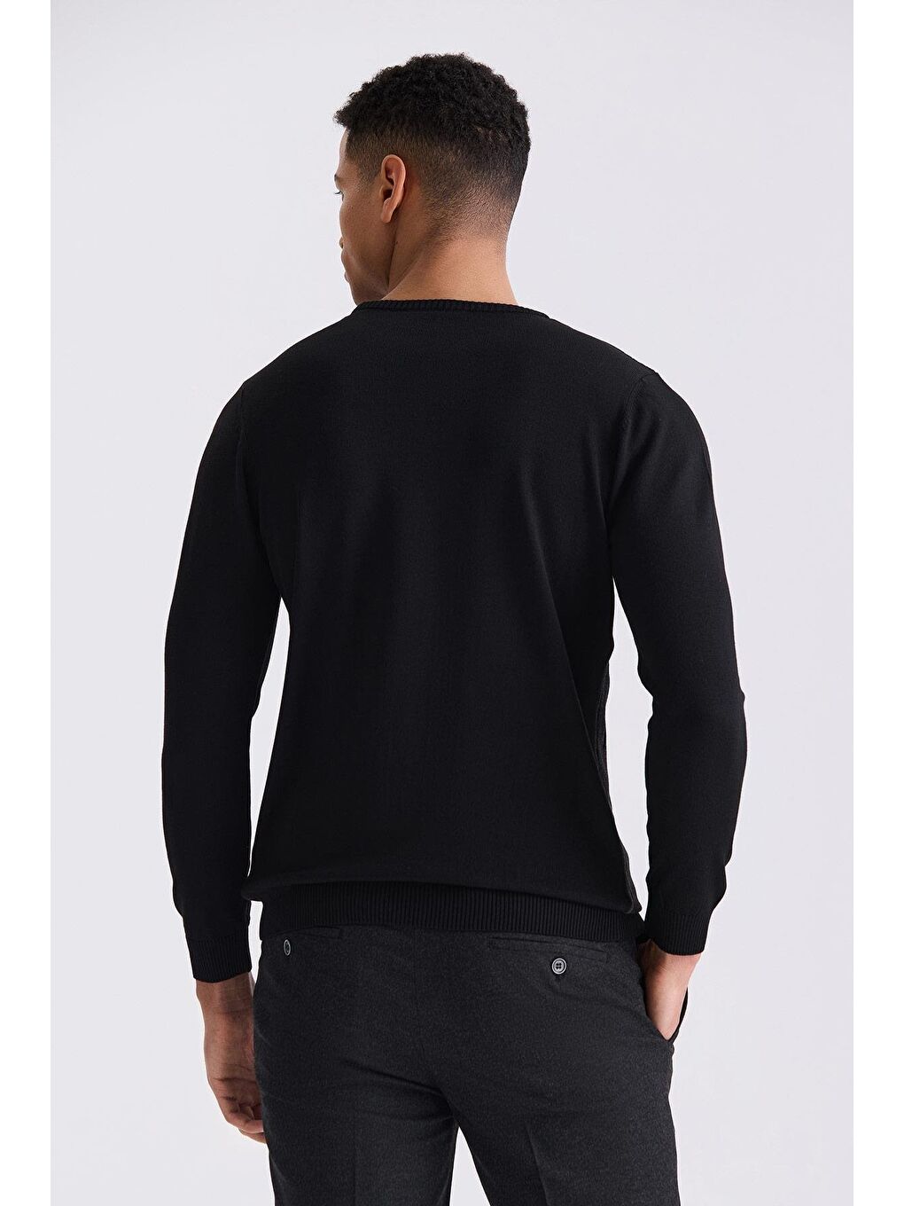 Siyah Slim Fit Bisiklet Yaka Desenli Triko Kazak-3