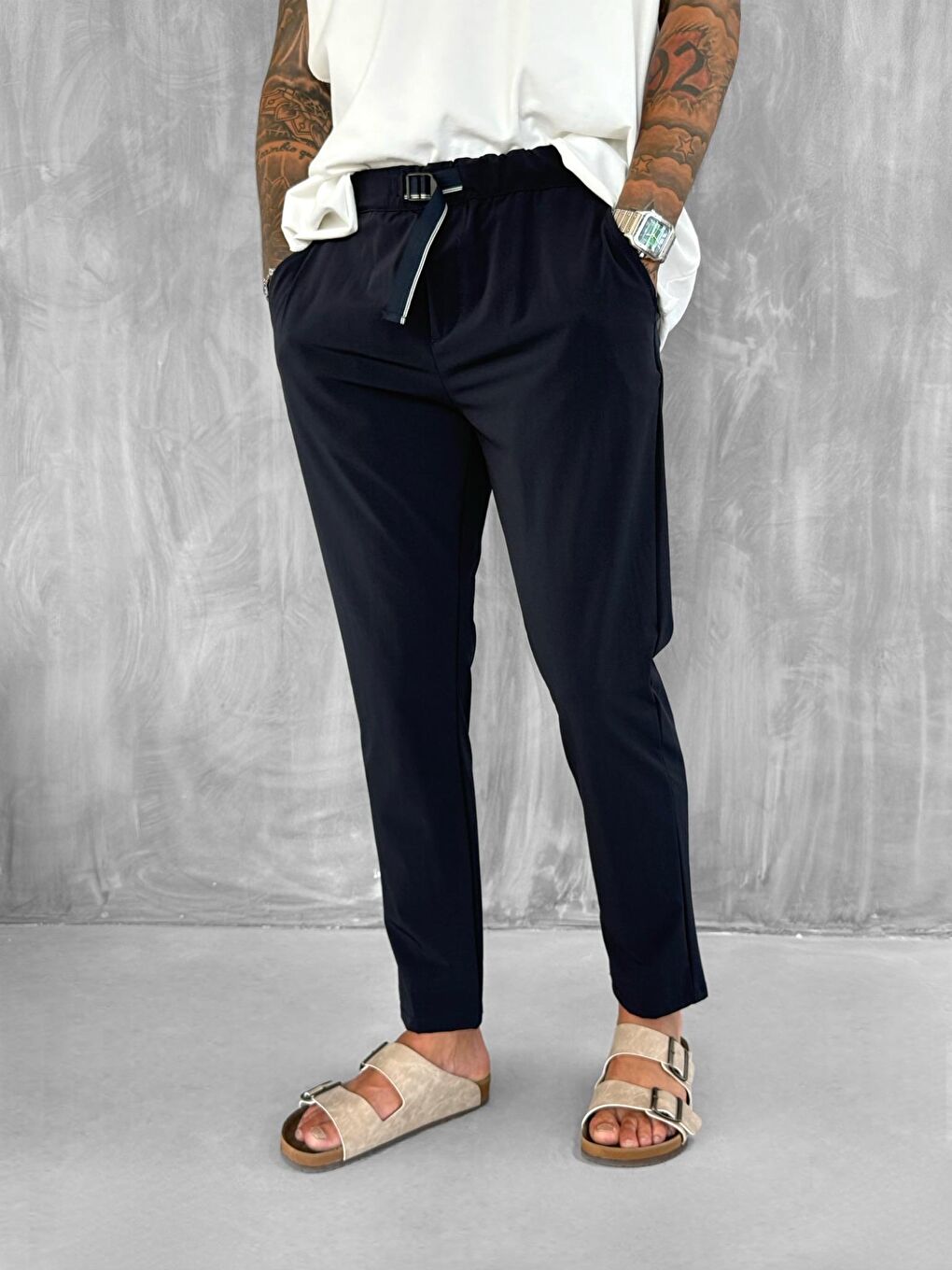 Erkek Beli Lastikli Tecno Kumaş Slim Fit Pantolon Lacivert-1