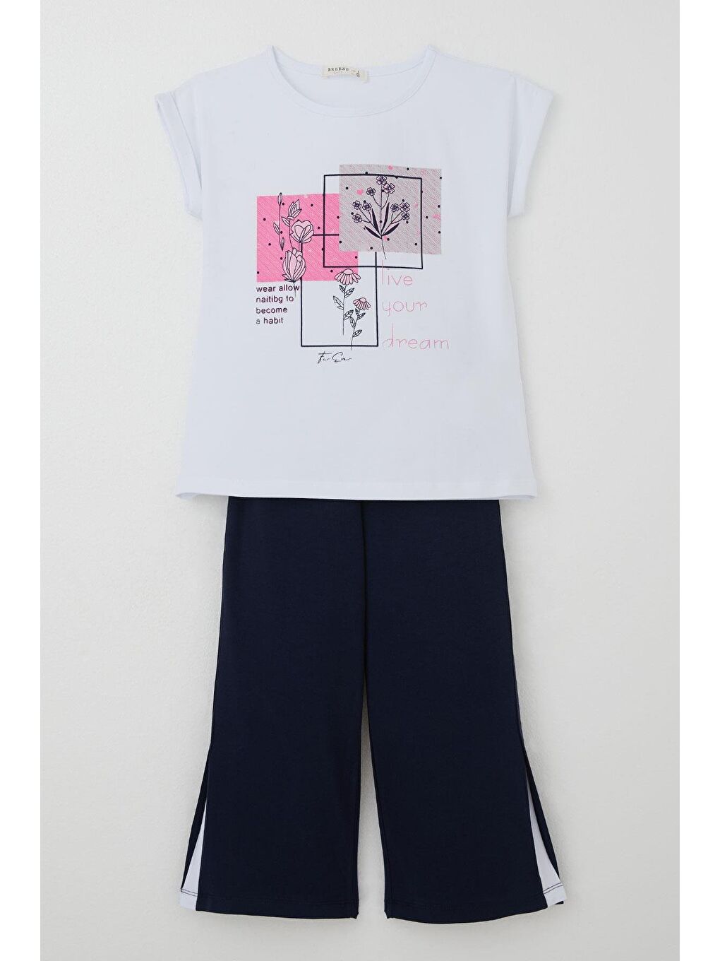 Kız Çocuk Kaprili Takım Çiçek Baskılı Yırtmaçlı Beyaz (6-12 Yaş)