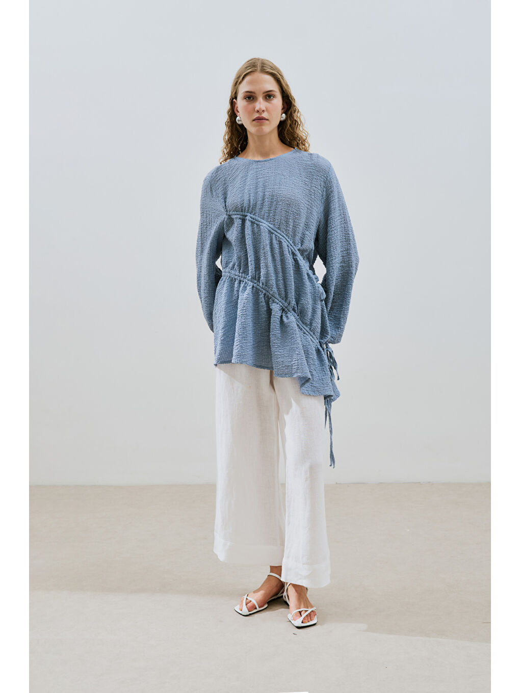 Büzgü Bağlamalı Dokulu Tunik Mavi-1