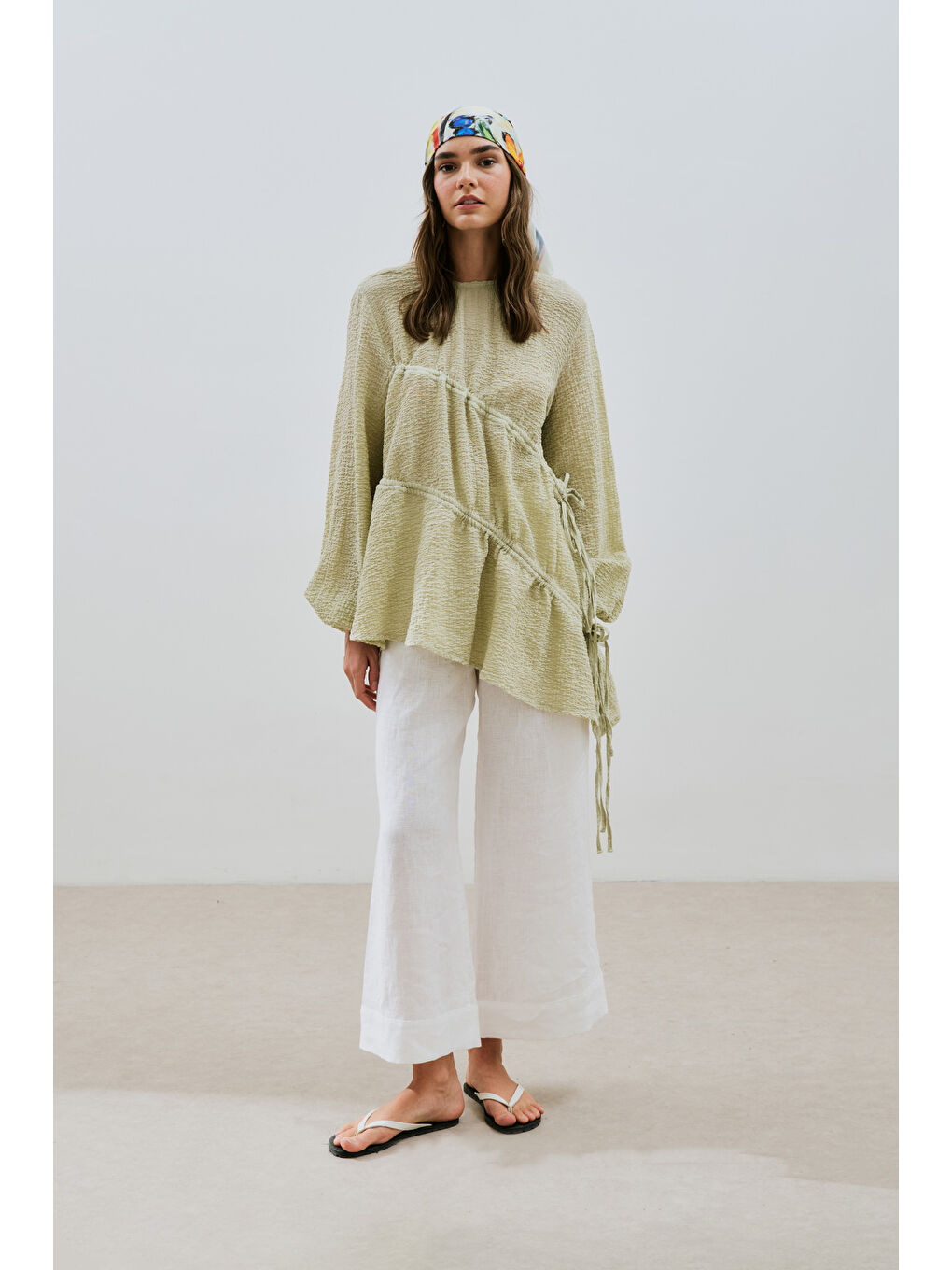 Büzgü Bağlamalı Dokulu Tunik Yeşil