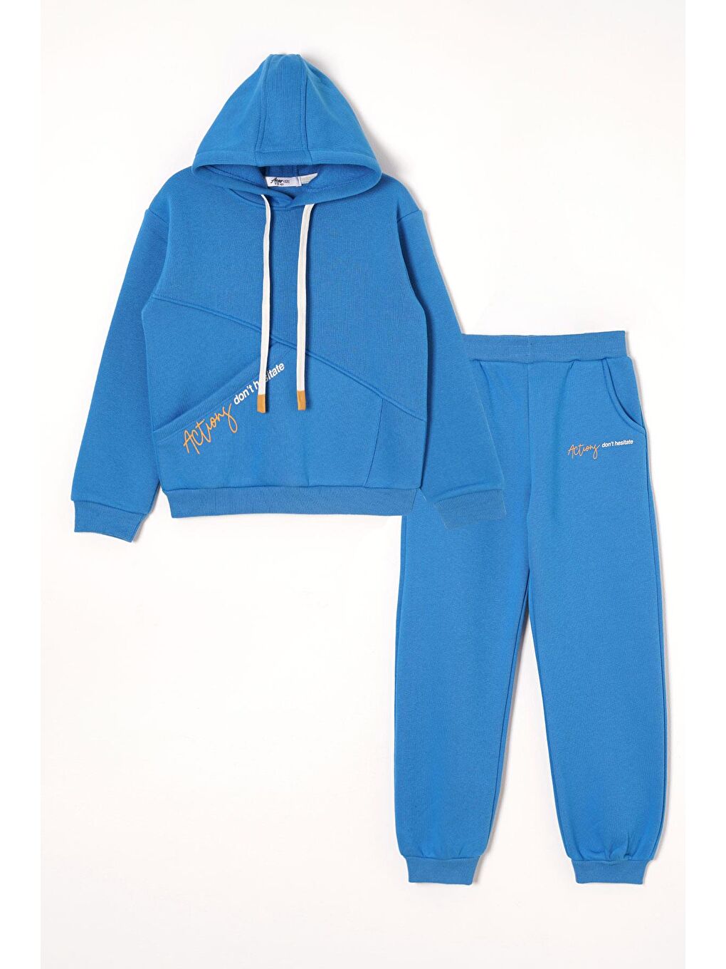 Mavi Kapüşonlu Uzun Kol Yazı Baskılı Saks Renk Erkek Çocuk Eşofman Takım