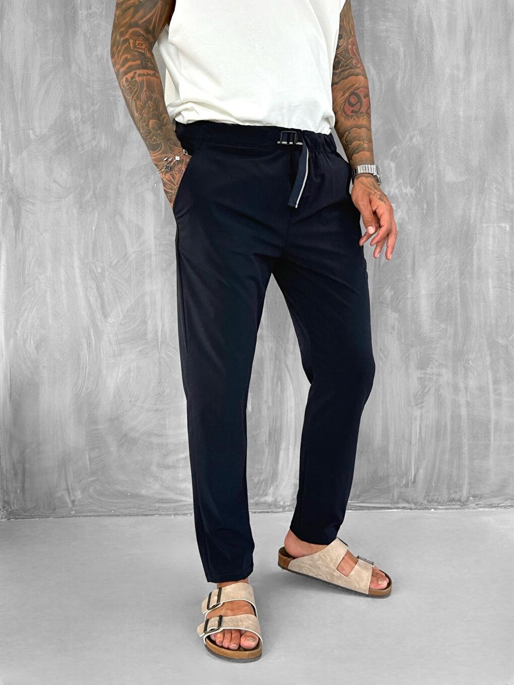 Erkek Beli Lastikli Tecno Kumaş Slim Fit Pantolon Lacivert-2
