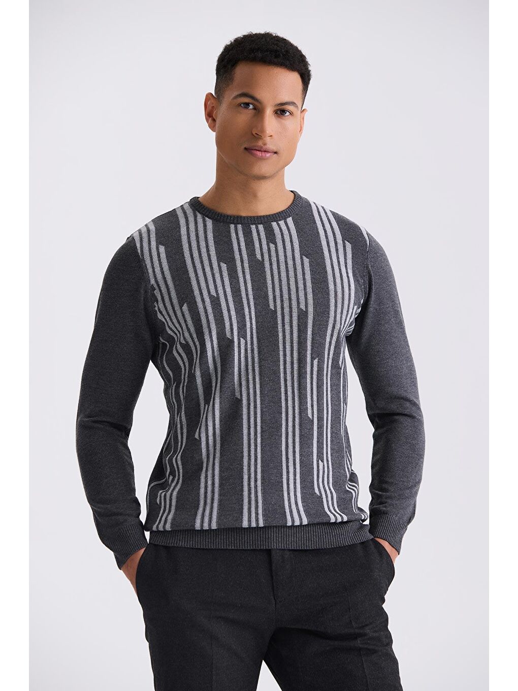 Antrasit Slim Fit Bisiklet Yaka Desenli Triko Kazak