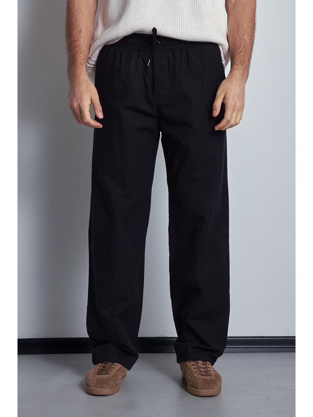 Erkek Keten Görünümlü Beli Lastikli Baggy Pantolon Siyah