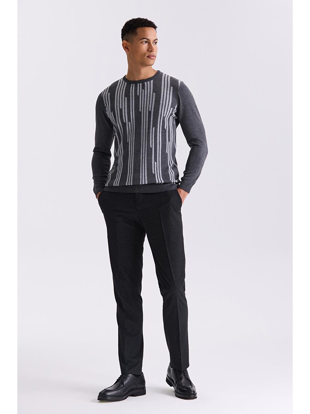 Antrasit Slim Fit Bisiklet Yaka Desenli Triko Kazak-1