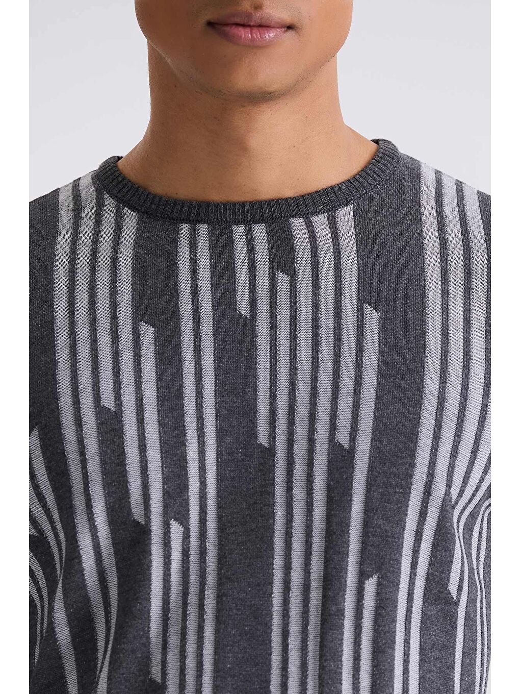 Antrasit Slim Fit Bisiklet Yaka Desenli Triko Kazak-2