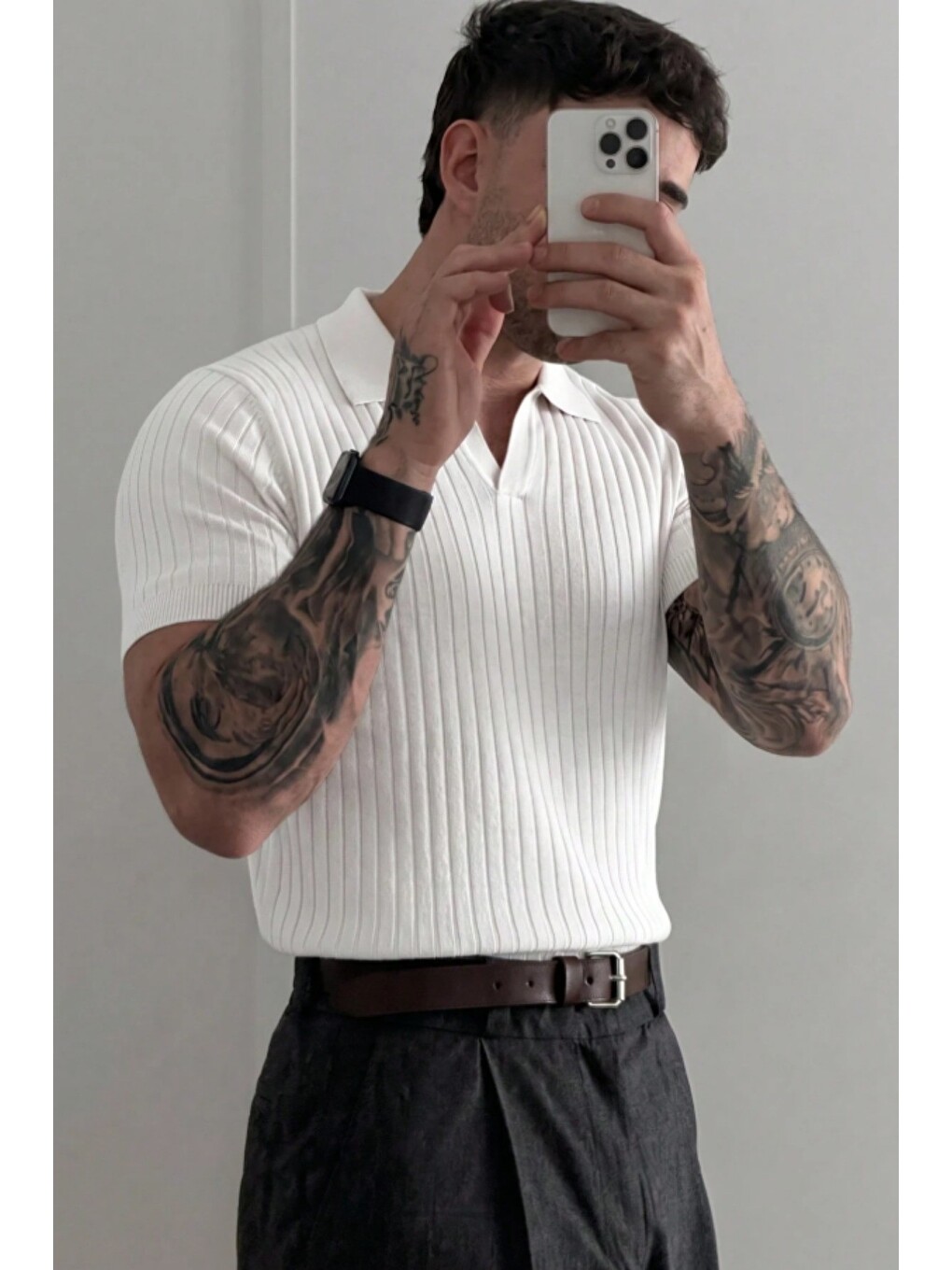 Beyaz Premium Fitilli Triko Polo Yaka Erkek Old Money T-Shirt
