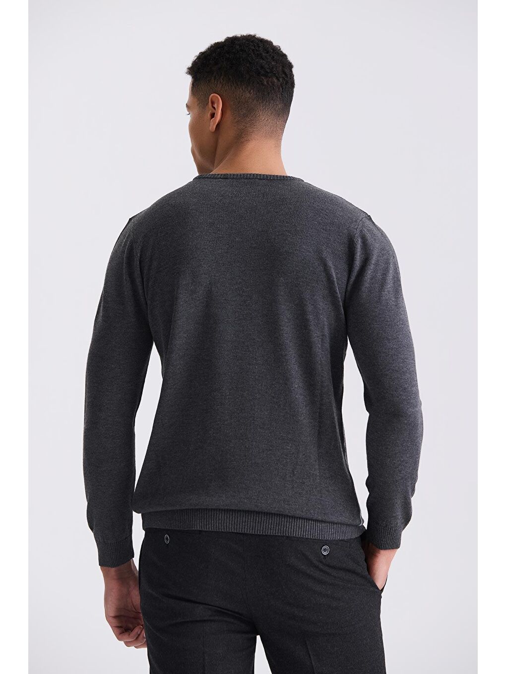 Antrasit Slim Fit Bisiklet Yaka Desenli Triko Kazak-3