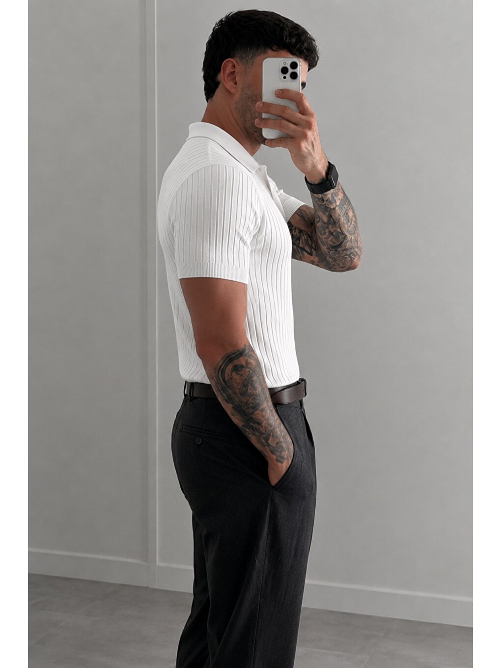 Beyaz Premium Fitilli Triko Polo Yaka Erkek Old Money T-Shirt-1
