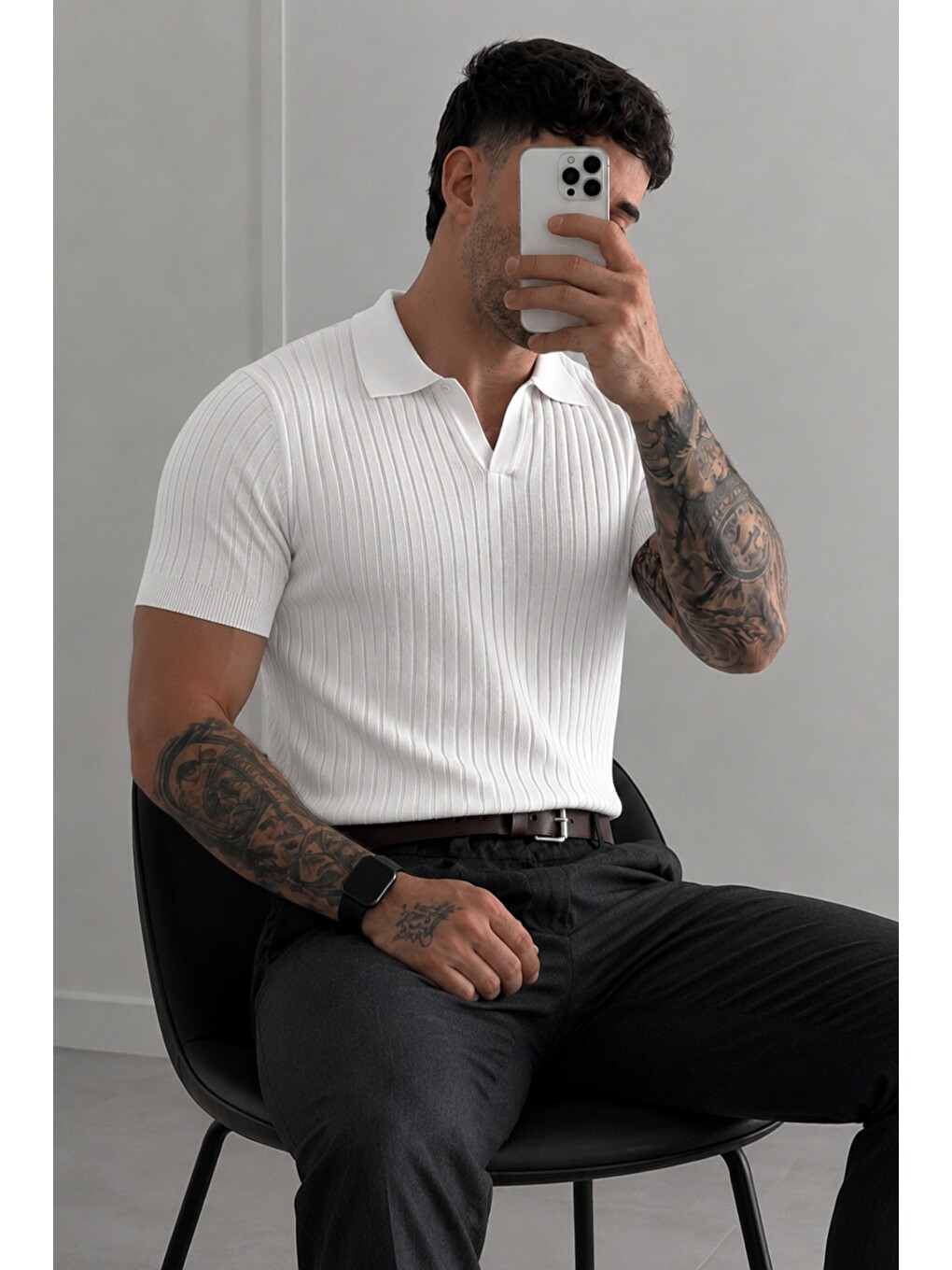 Beyaz Premium Fitilli Triko Polo Yaka Erkek Old Money T-Shirt-2