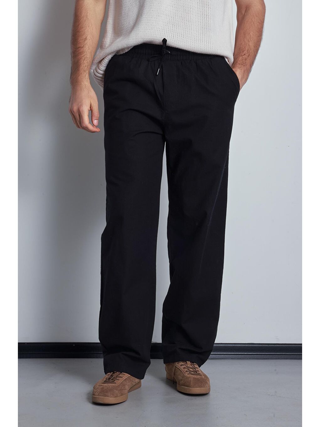 Erkek Keten Görünümlü Beli Lastikli Baggy Pantolon Siyah-1