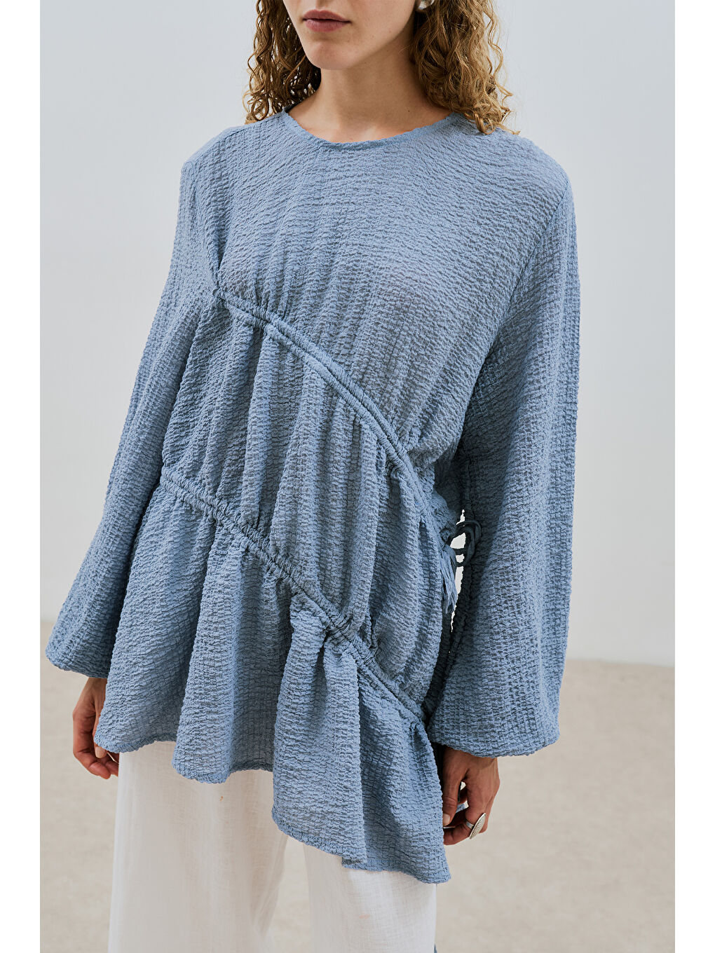 Büzgü Bağlamalı Dokulu Tunik Mavi-3