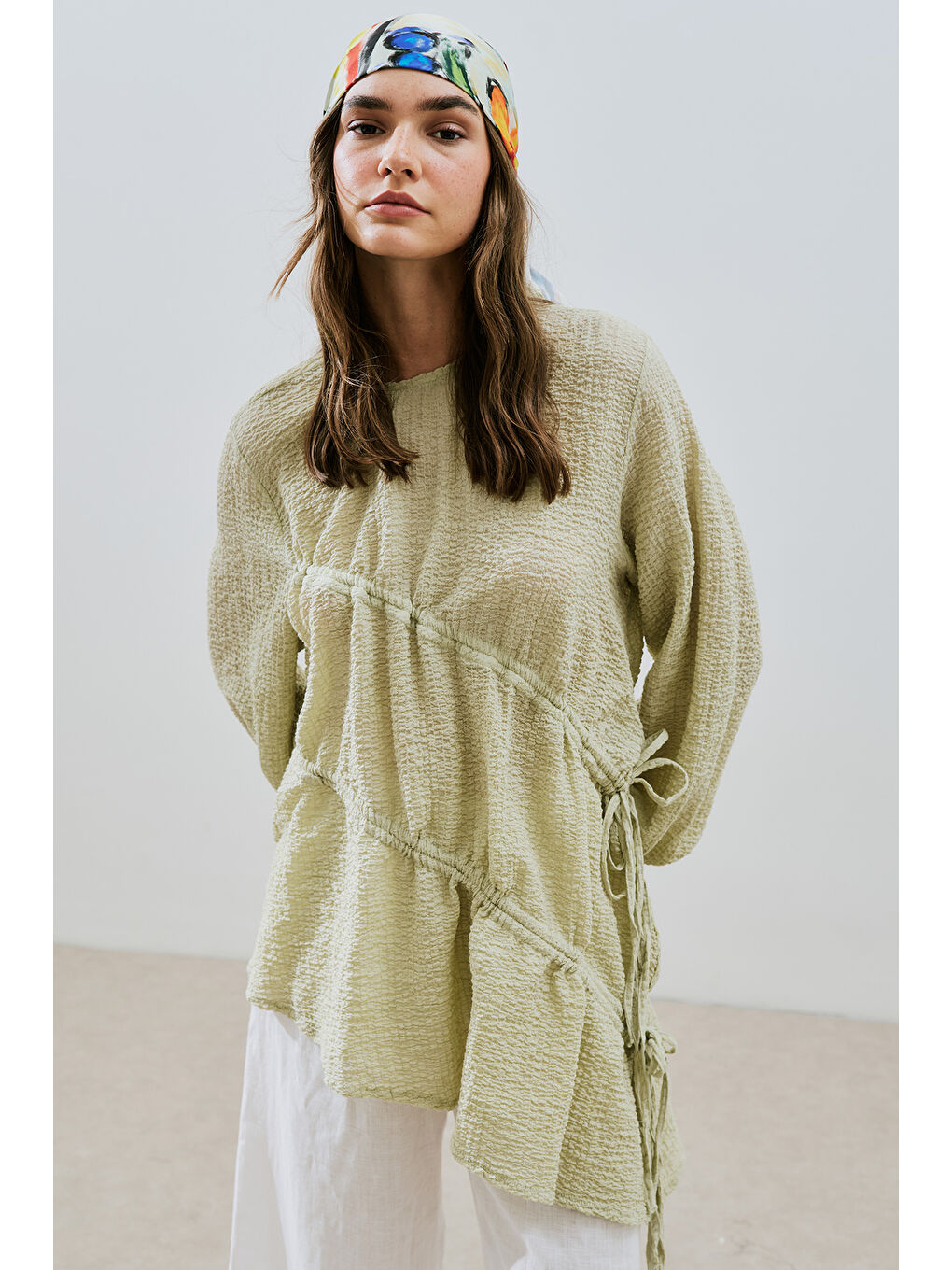 Büzgü Bağlamalı Dokulu Tunik Yeşil-2