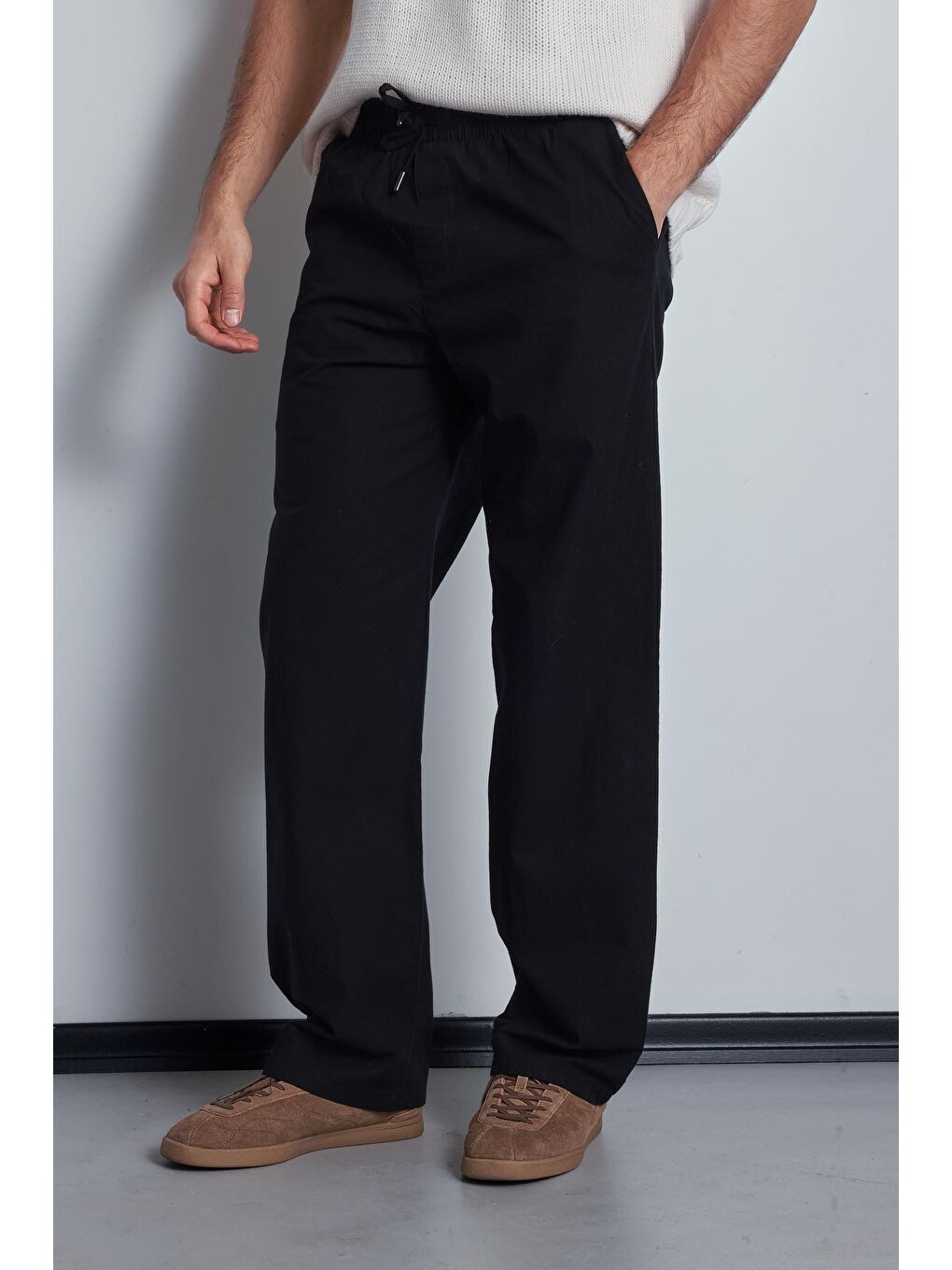 Erkek Keten Görünümlü Beli Lastikli Baggy Pantolon Siyah-2