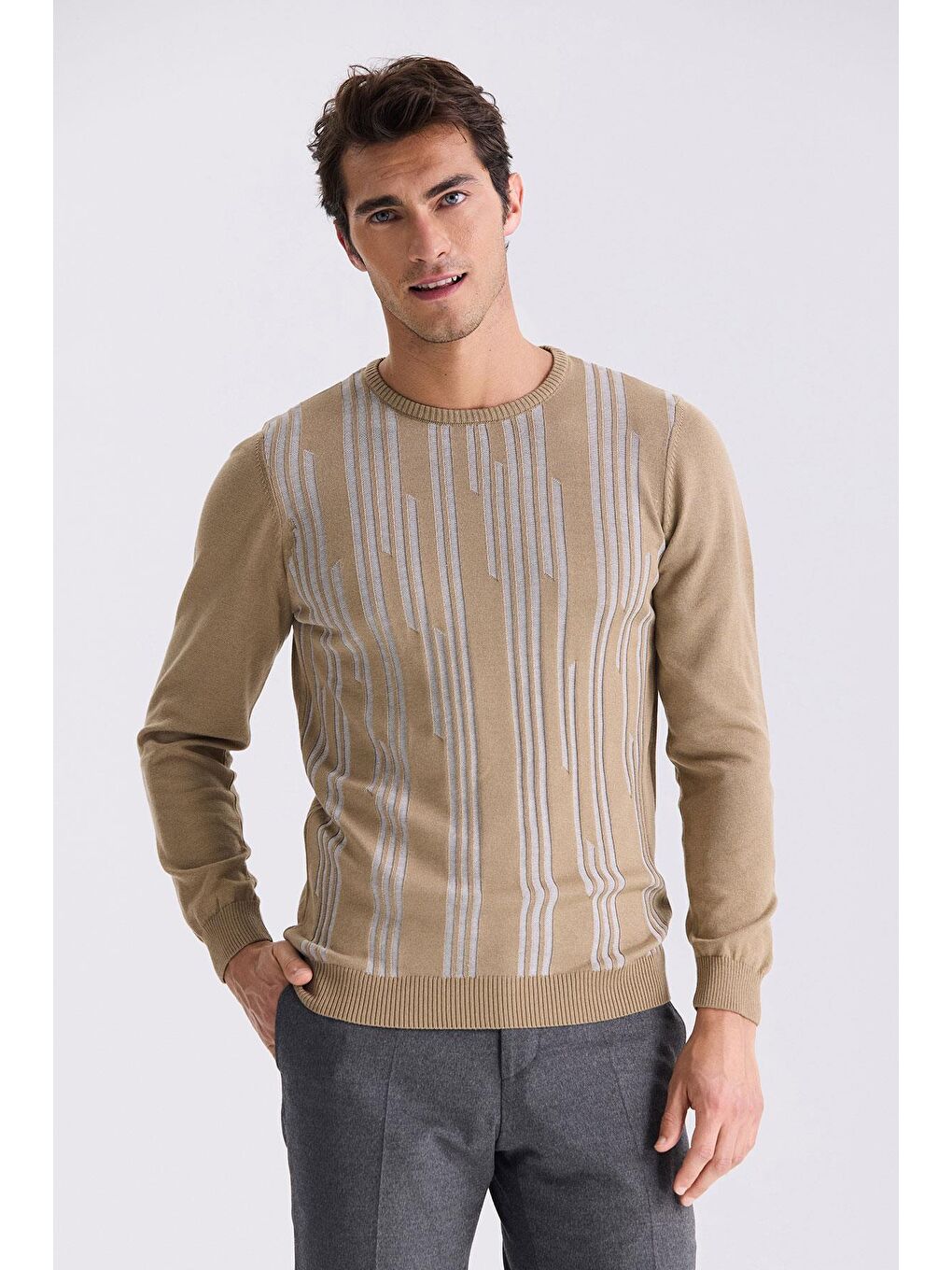 Bej Slim Fit Bisiklet Yaka Desenli Triko Kazak