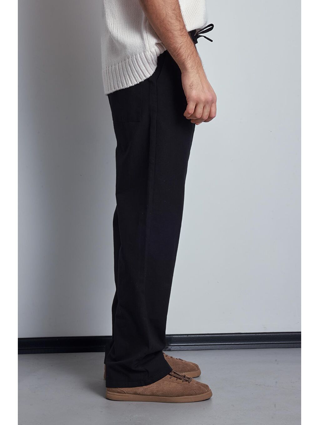 Erkek Keten Görünümlü Beli Lastikli Baggy Pantolon Siyah-3