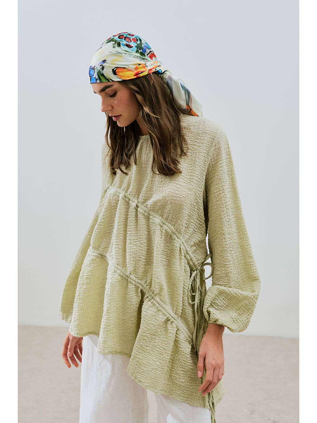 Büzgü Bağlamalı Dokulu Tunik Yeşil-3