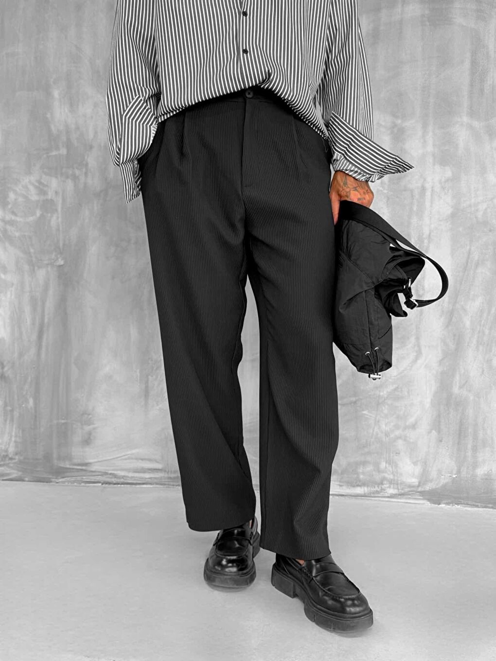 Erkek Fitilli Baggy Pantolon Siyah-1