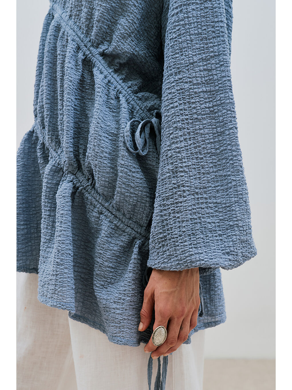Büzgü Bağlamalı Dokulu Tunik Mavi-4