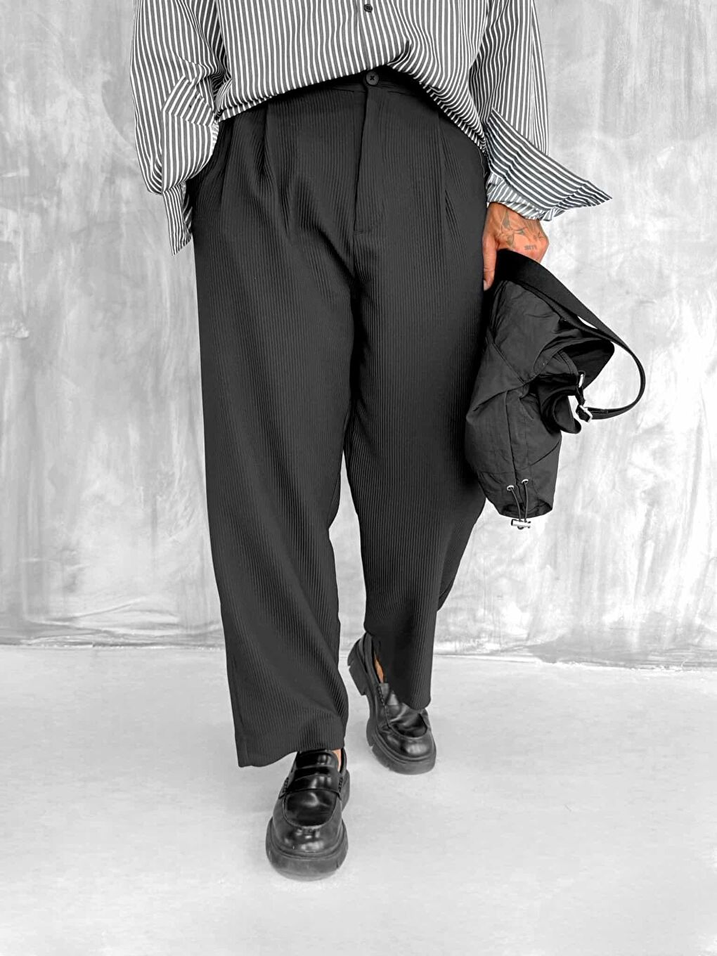 Erkek Fitilli Baggy Pantolon Siyah-2