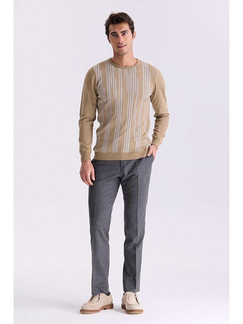 Bej Slim Fit Bisiklet Yaka Desenli Triko Kazak-1