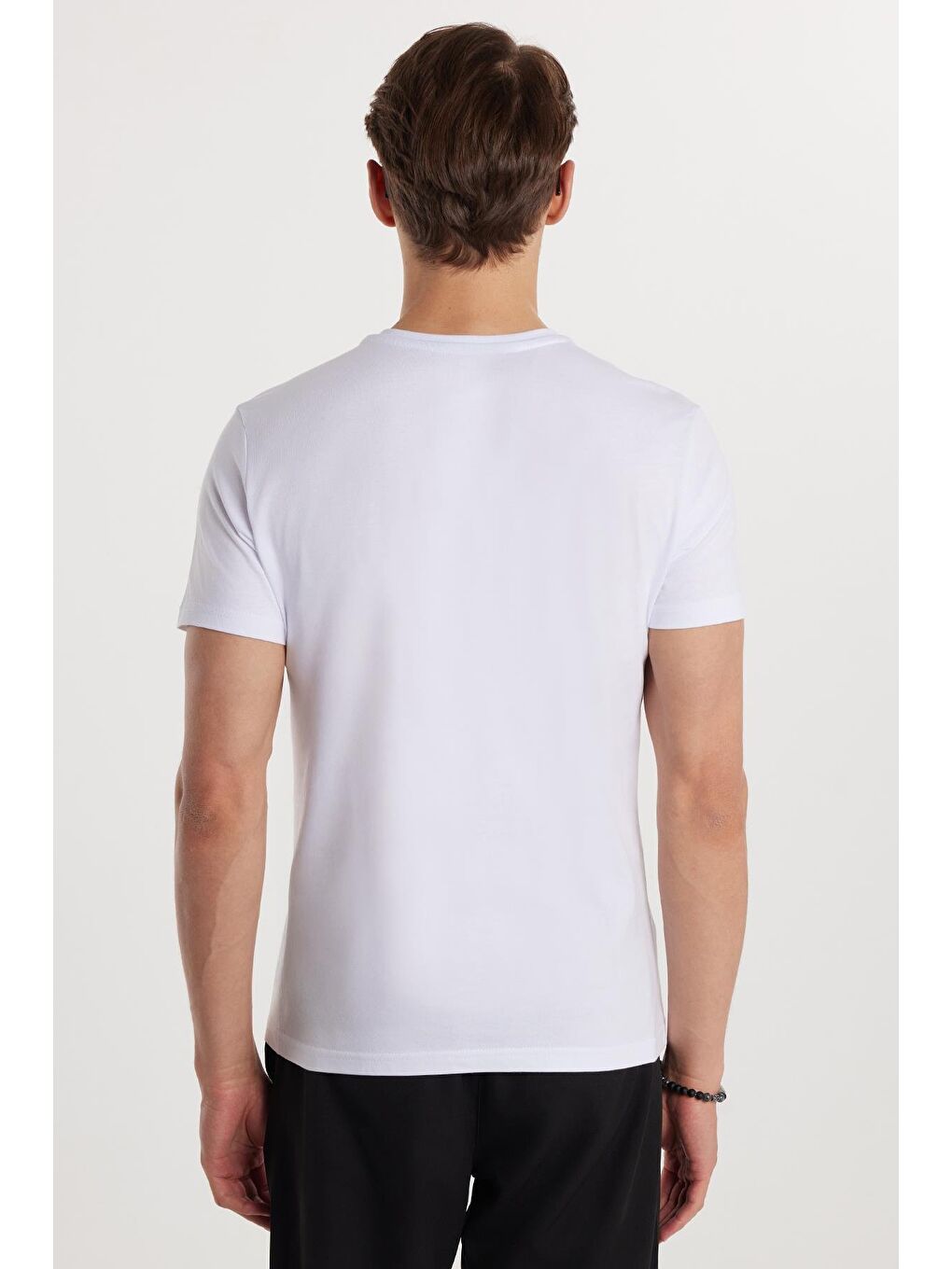 Erkek Slim Fit Dar Kesim %100 Pamuk Yumuşak Dokulu Baskılı Beyaz Bisiklet Yaka Tişört-4