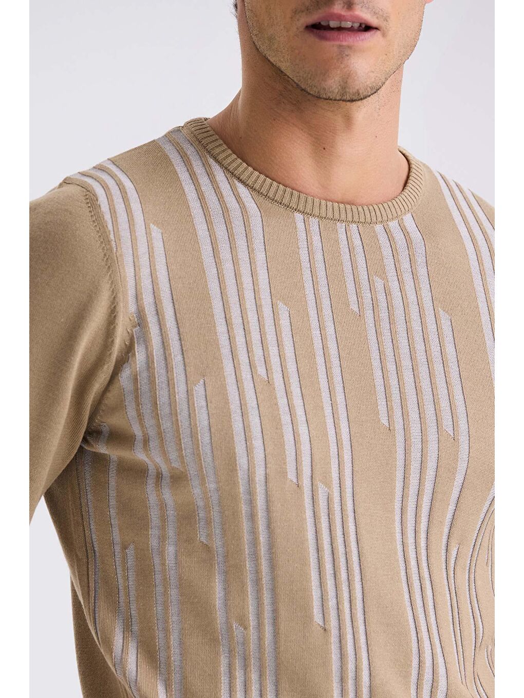 Bej Slim Fit Bisiklet Yaka Desenli Triko Kazak-2