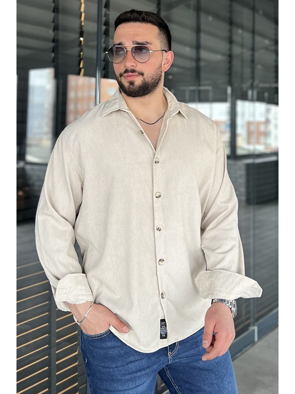 Bej Erkek Uzun Kol Gömlek-1