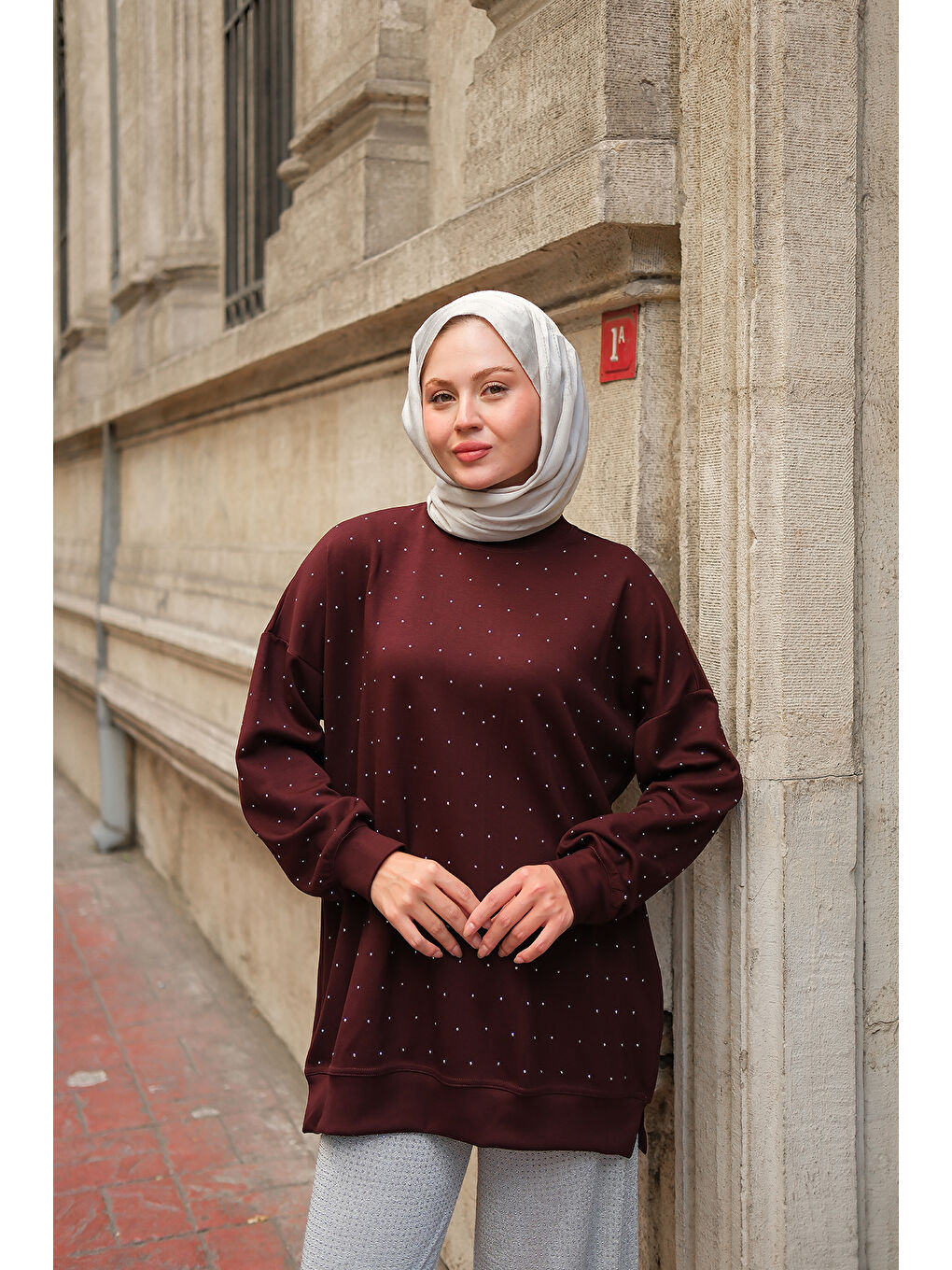 Kadın Taş Detay Tunik Bordo-1
