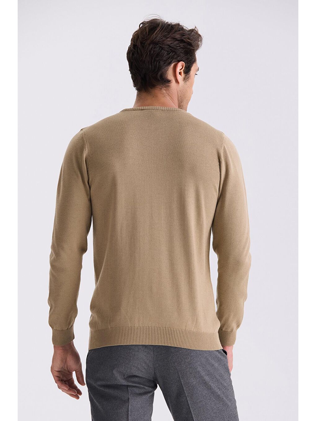 Bej Slim Fit Bisiklet Yaka Desenli Triko Kazak-3