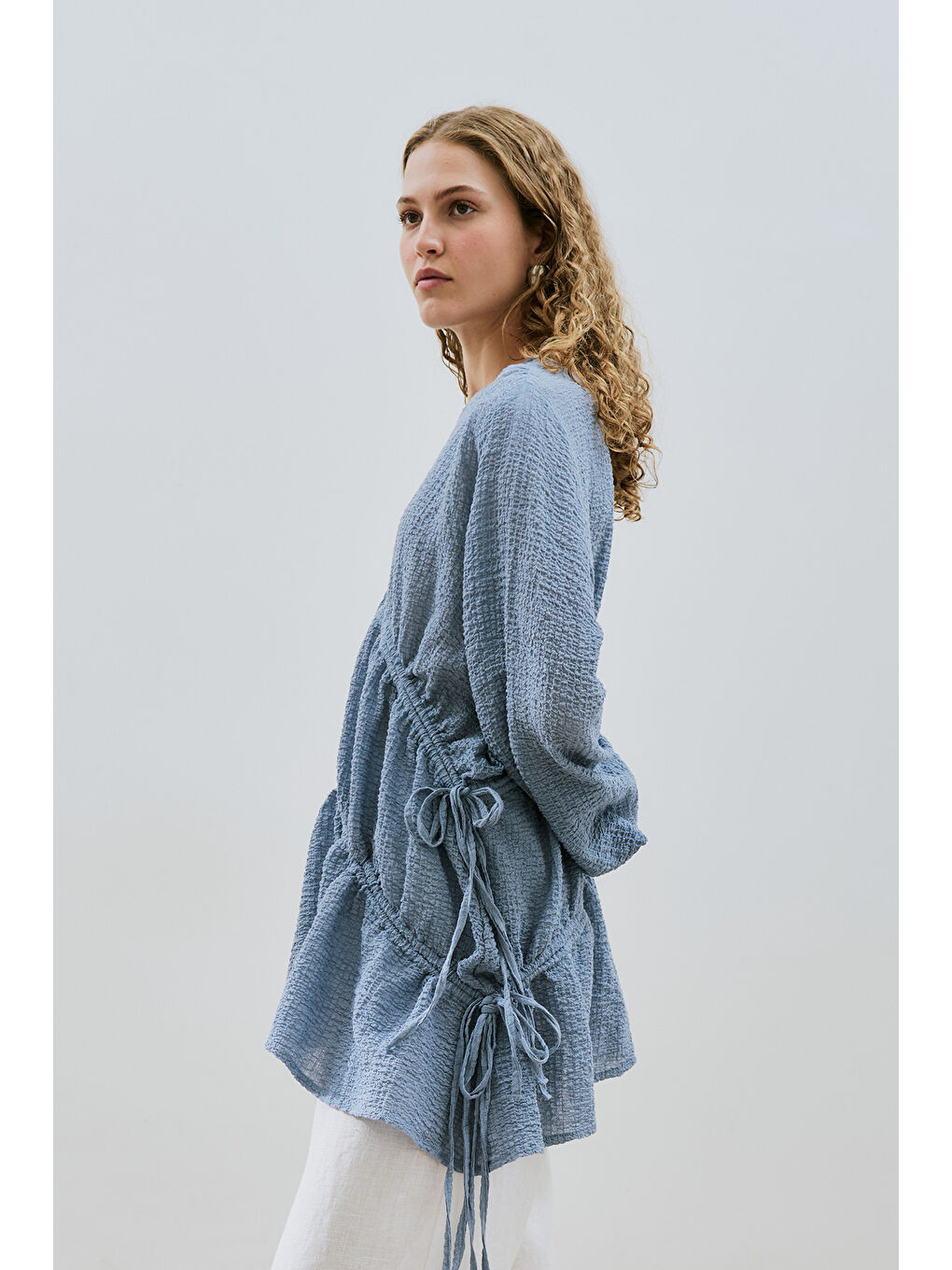 Büzgü Bağlamalı Dokulu Tunik Mavi-5