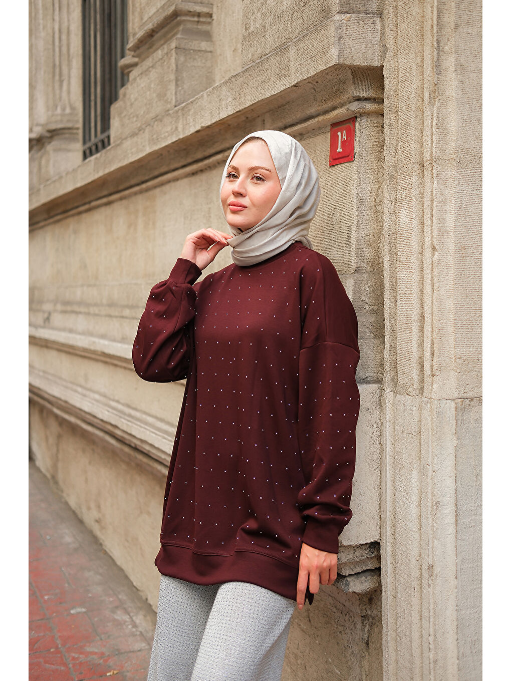 Kadın Taş Detay Tunik Bordo-3