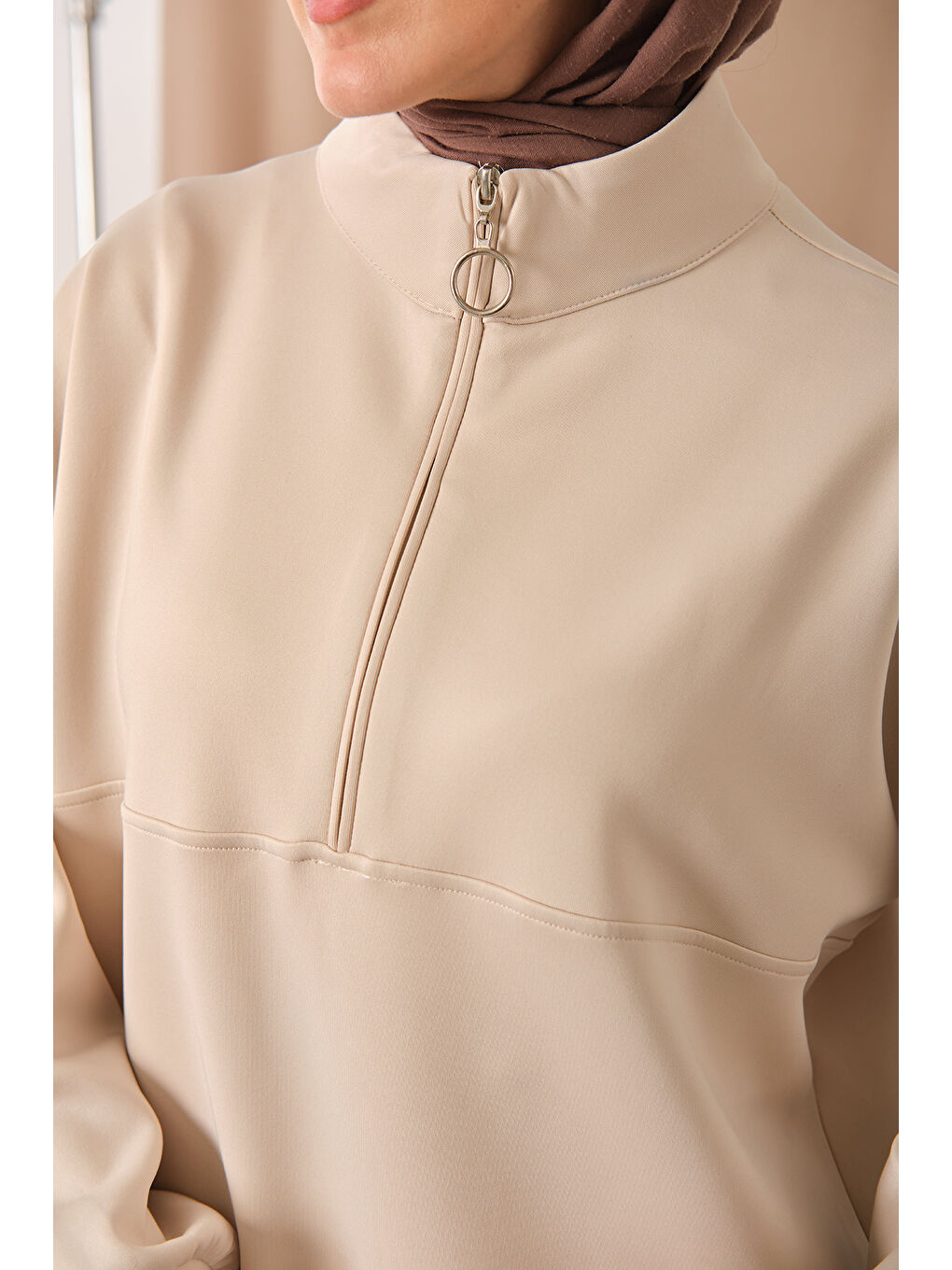 Bej Kadın Yarım Fermuarlı Takım Taş-4