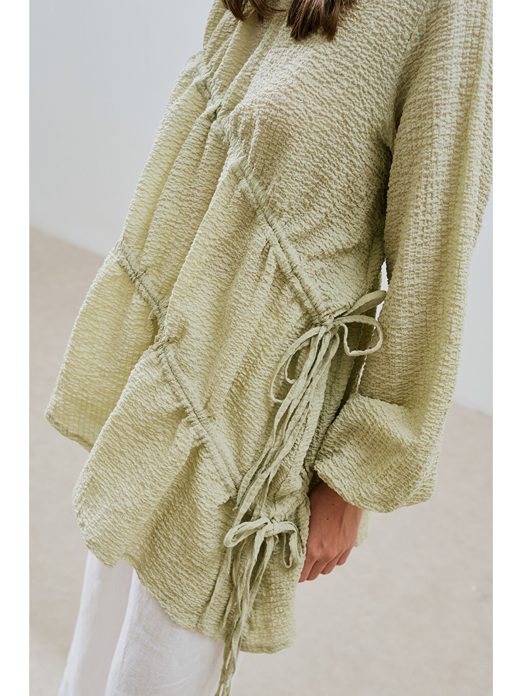 Büzgü Bağlamalı Dokulu Tunik Yeşil-5