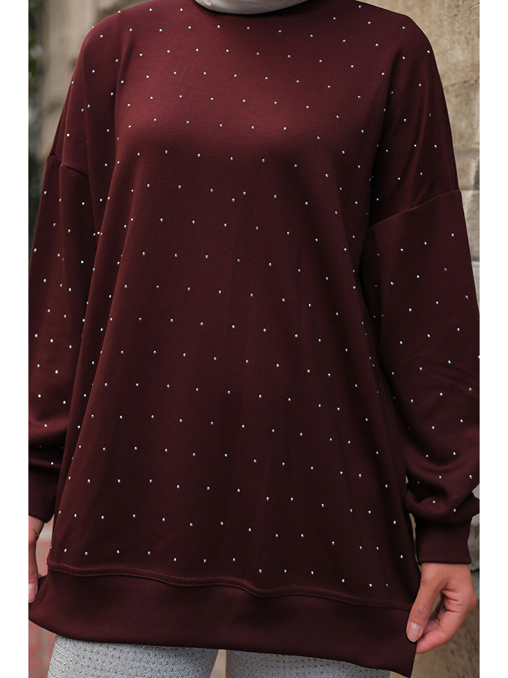 Kadın Taş Detay Tunik Bordo-4