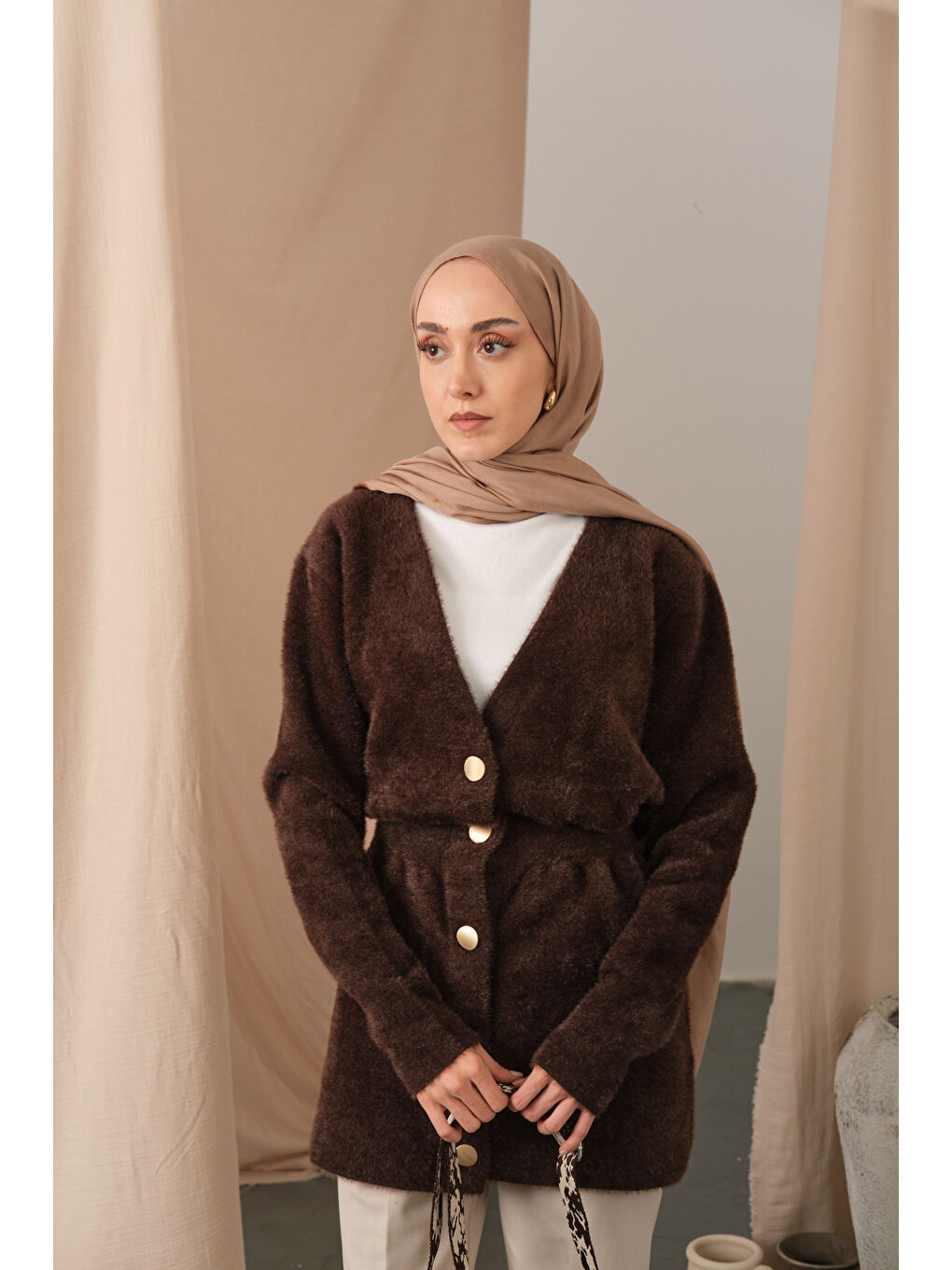 Kadın Gold Düğme Detay Hırka Kahverengi-1