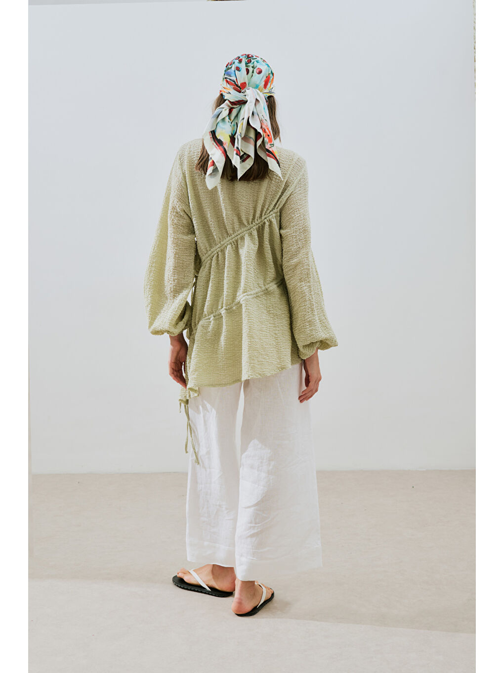 Büzgü Bağlamalı Dokulu Tunik Yeşil-6