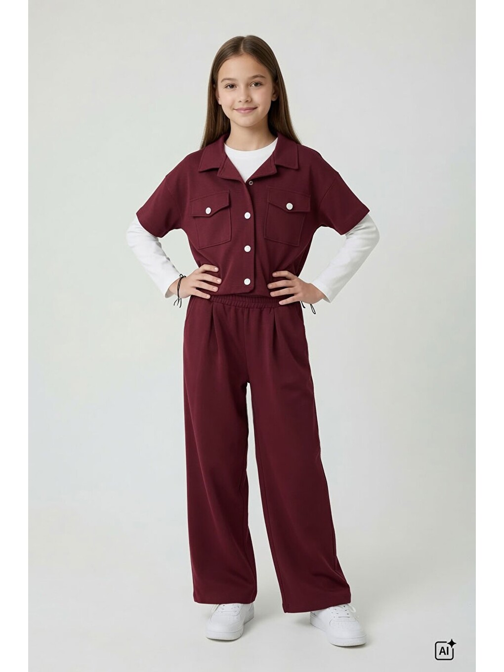 Bordo Kız Çocuk Kısa Kol Ceketli Badili Bol Paça Pantolonlu 3lü Alt Üst Takım 24771-1