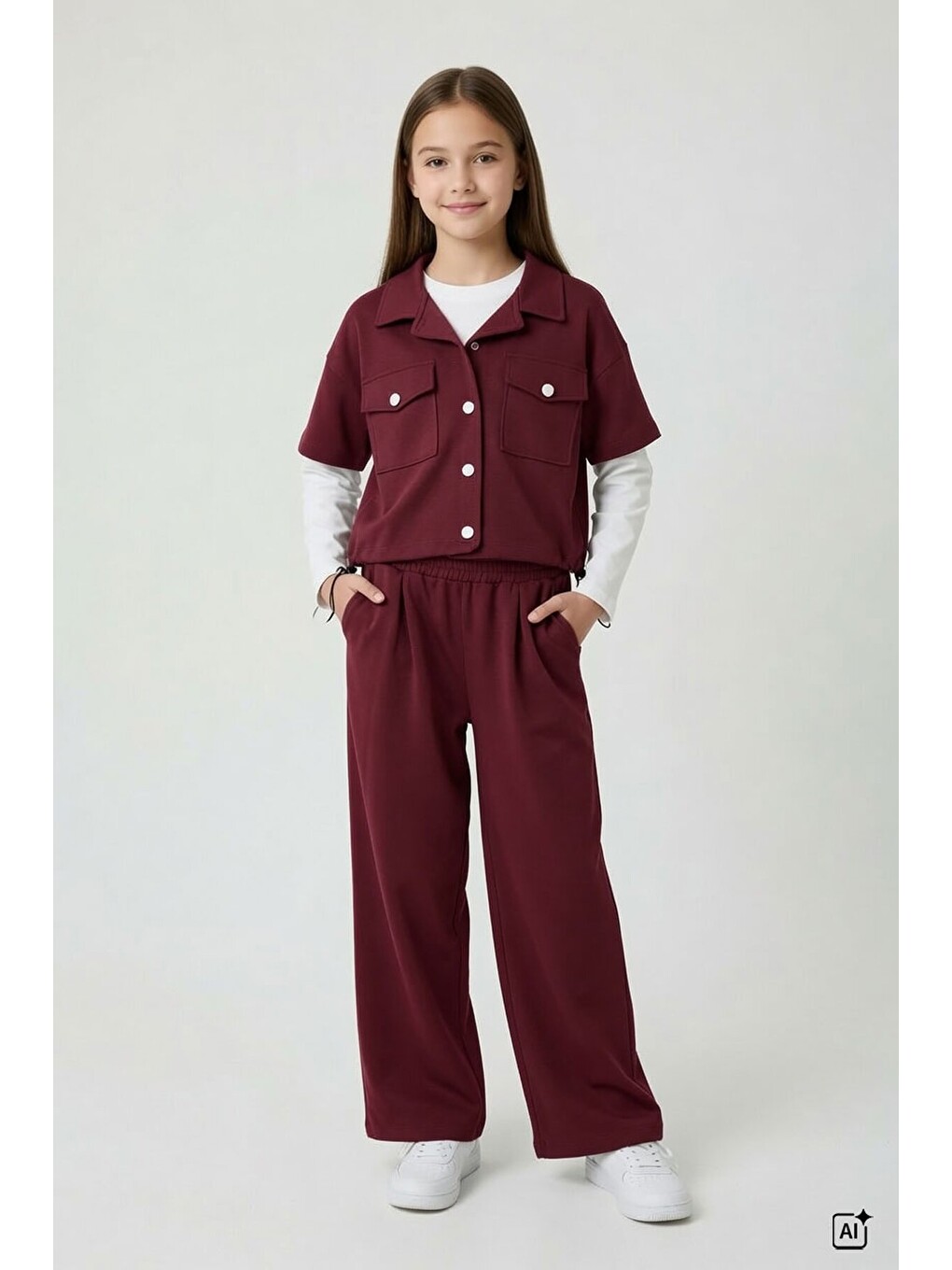 Bordo Kız Çocuk Kısa Kol Ceketli Badili Bol Paça Pantolonlu 3lü Alt Üst Takım 24771-2