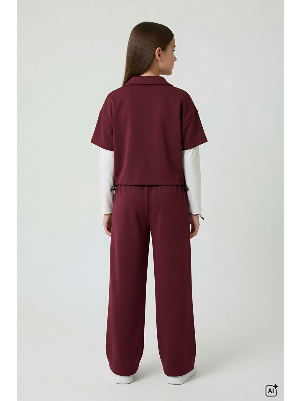 Bordo Kız Çocuk Kısa Kol Ceketli Badili Bol Paça Pantolonlu 3lü Alt Üst Takım 24771-3