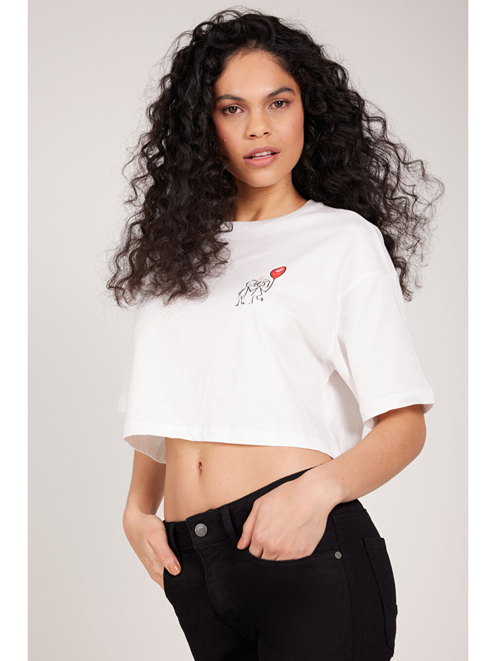 Beyaz Oversize Fit Bol Kesim %100 Pamuk Baskılı Bisiklet Yaka Crop Tişört-2