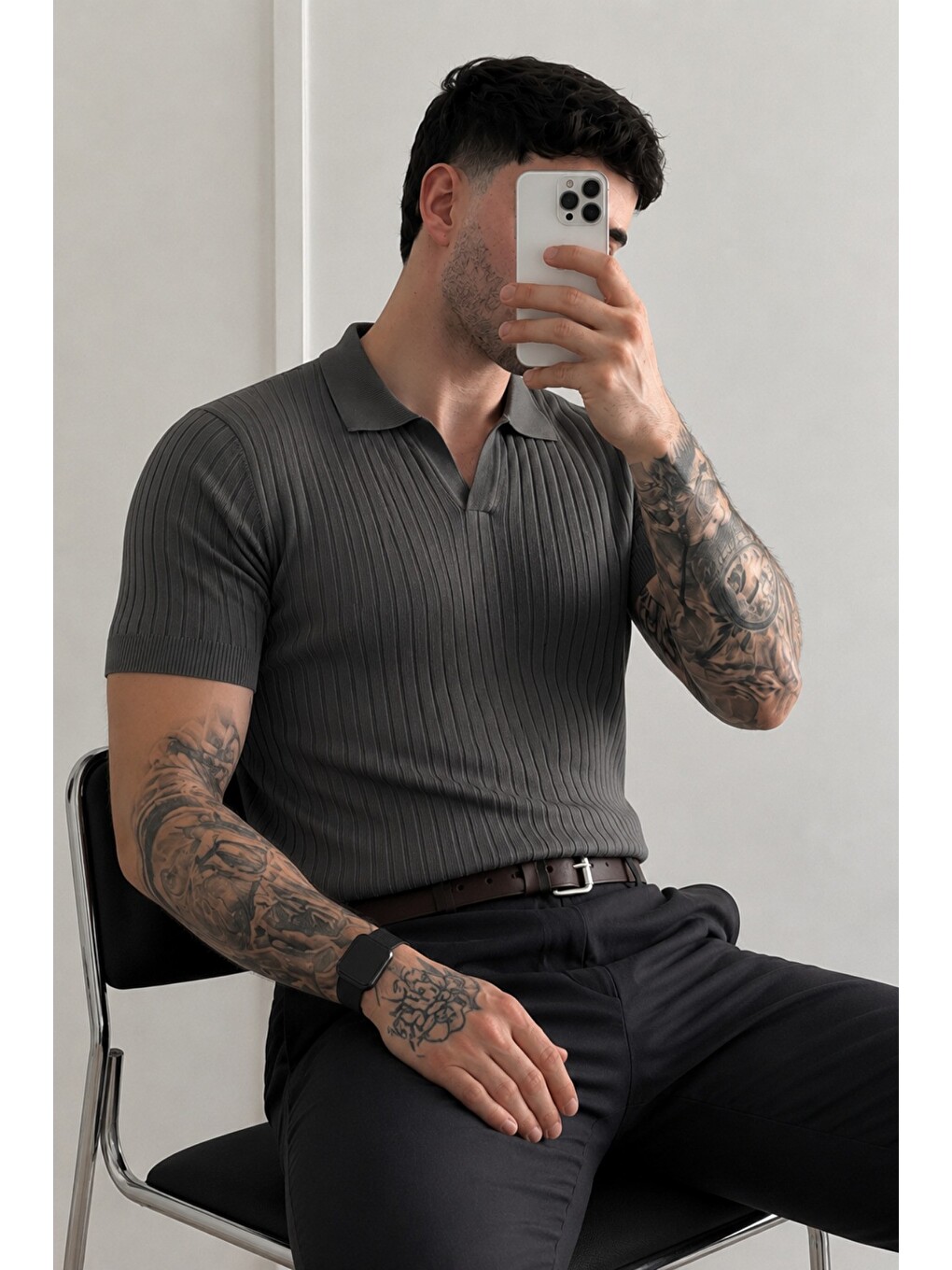 Gri Premium Fitilli Triko Polo Yaka Erkek Old Money T-Shirt-1
