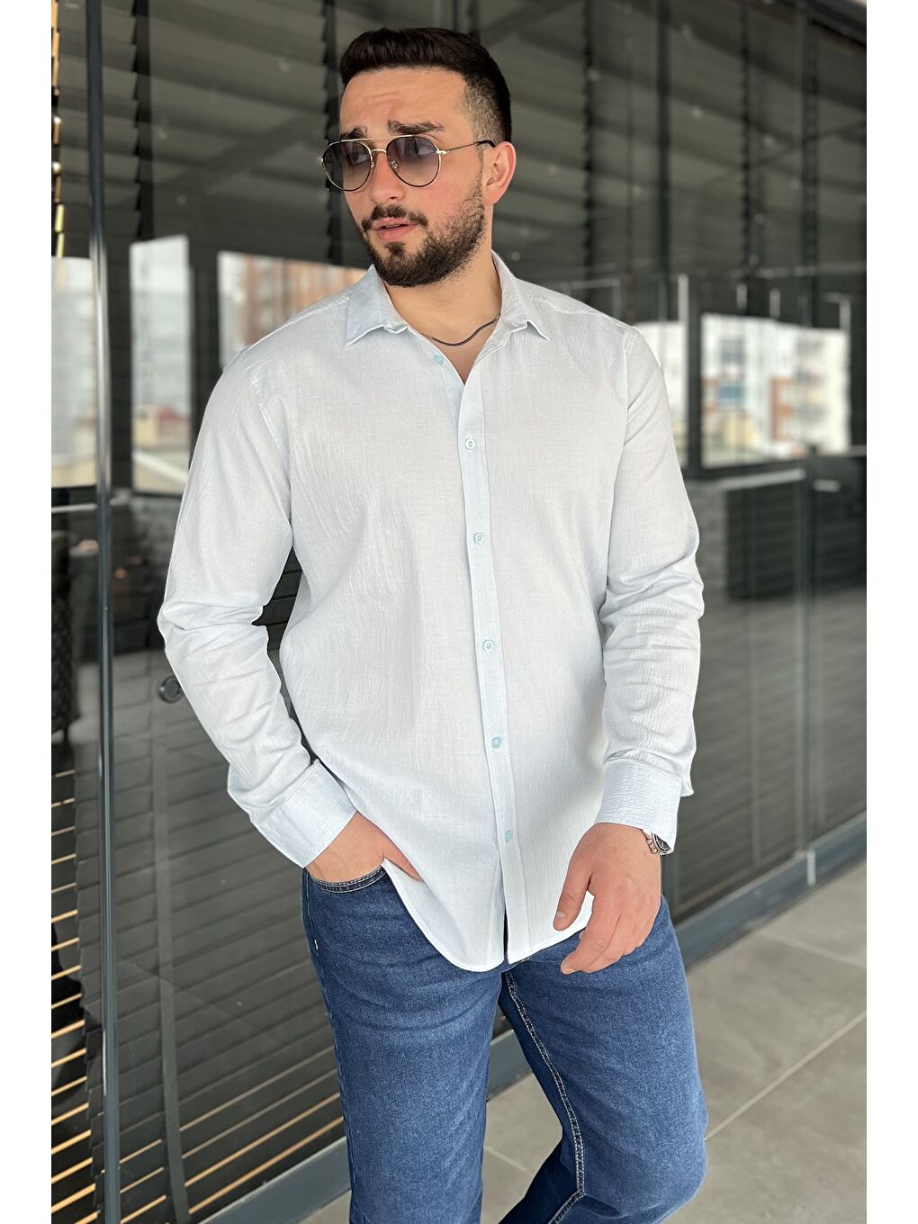 Mavi Kendinden Desenli Erkek Uzun Kol Gömlek