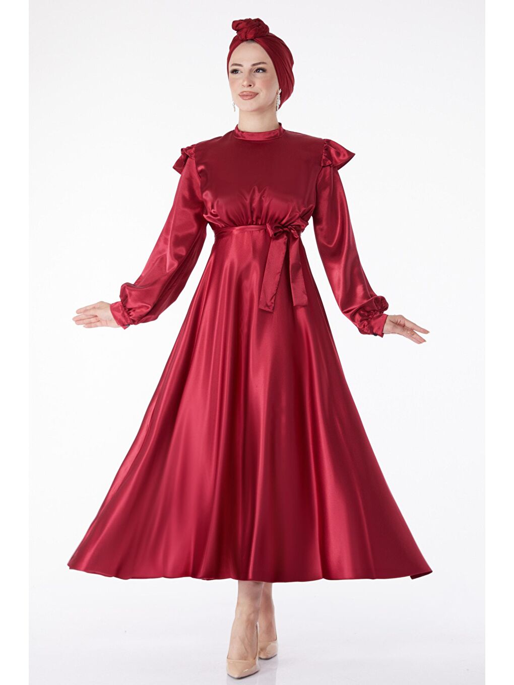 Düz Hakim Yaka Kadın Bordo Prenses Kol Abiye Elbise - 24887