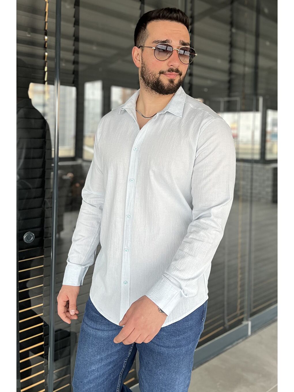 Mavi Kendinden Desenli Erkek Uzun Kol Gömlek-1